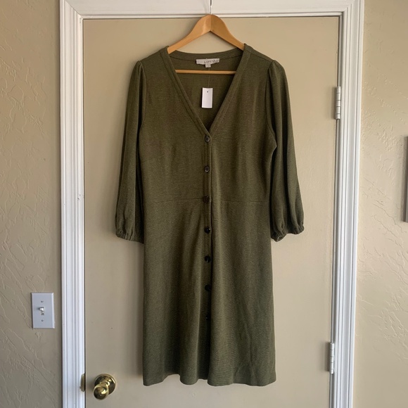 Loft Button Down Knee Length Dress Sz.L Olive Green V-neck Balloon Sleeves NWT - Picture 1 of 10